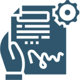 Document with gear icon and hand