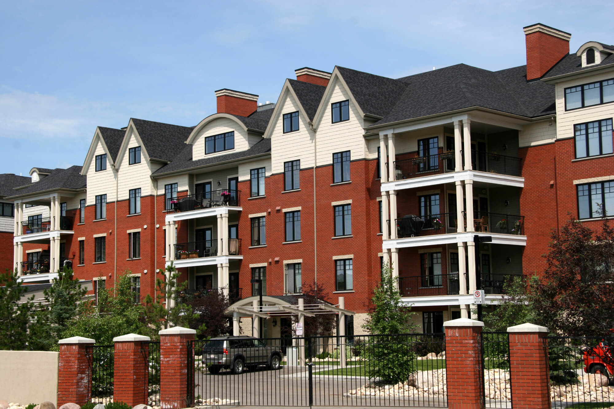 Four-story apartment complex exterior view