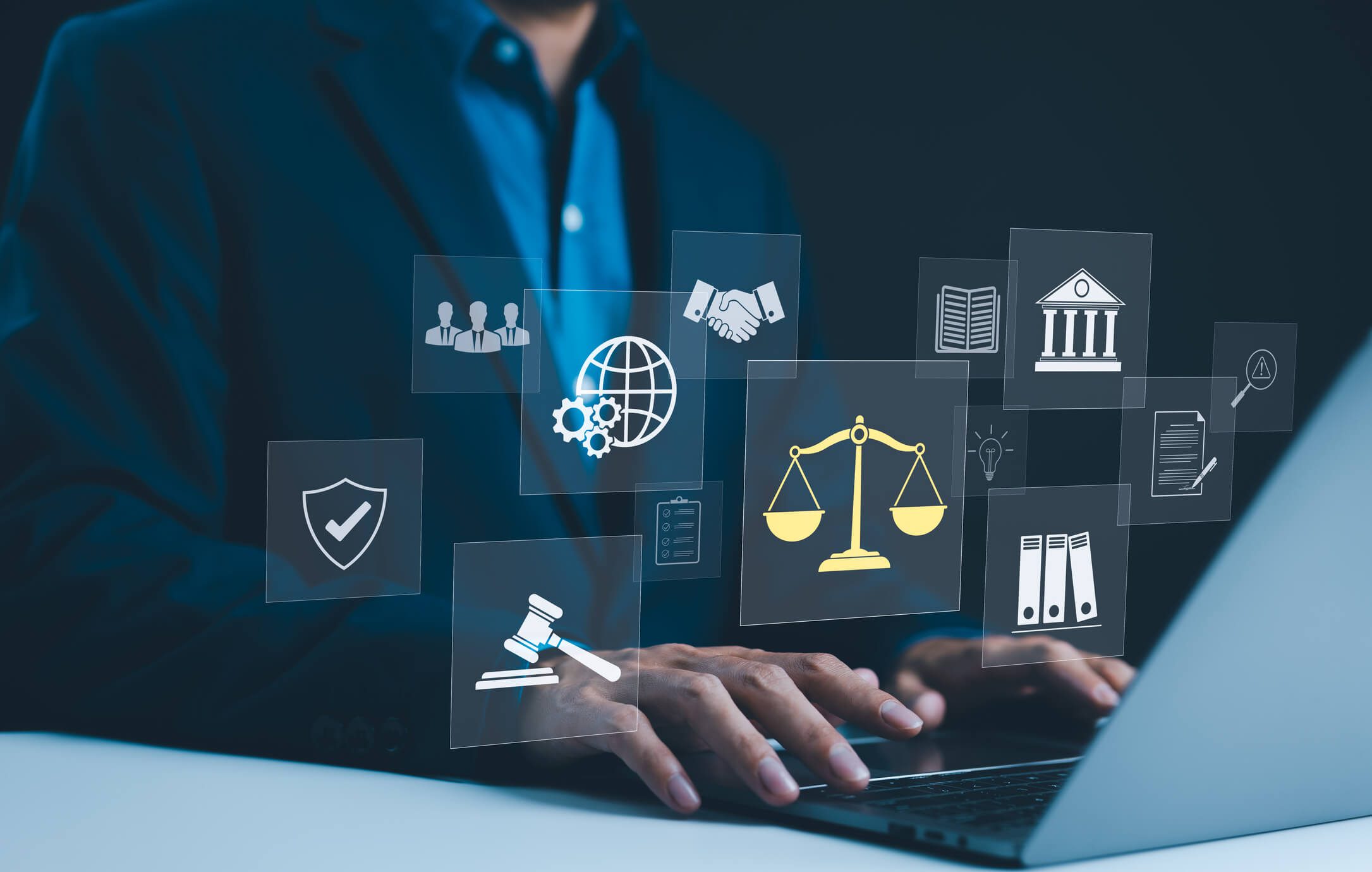 Person typing with floating legal graphics